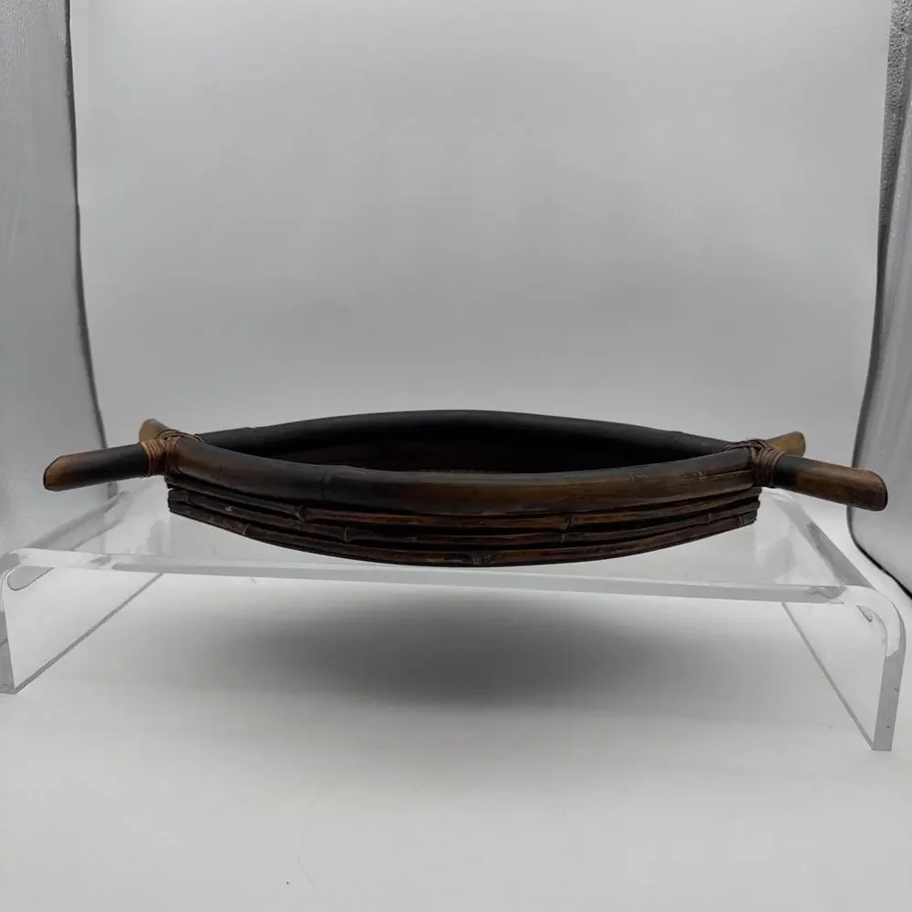 Bohemian Bamboo Rattan Reed Tray Burnt Wood Mid-Century Modern 17 3/4”x8”
